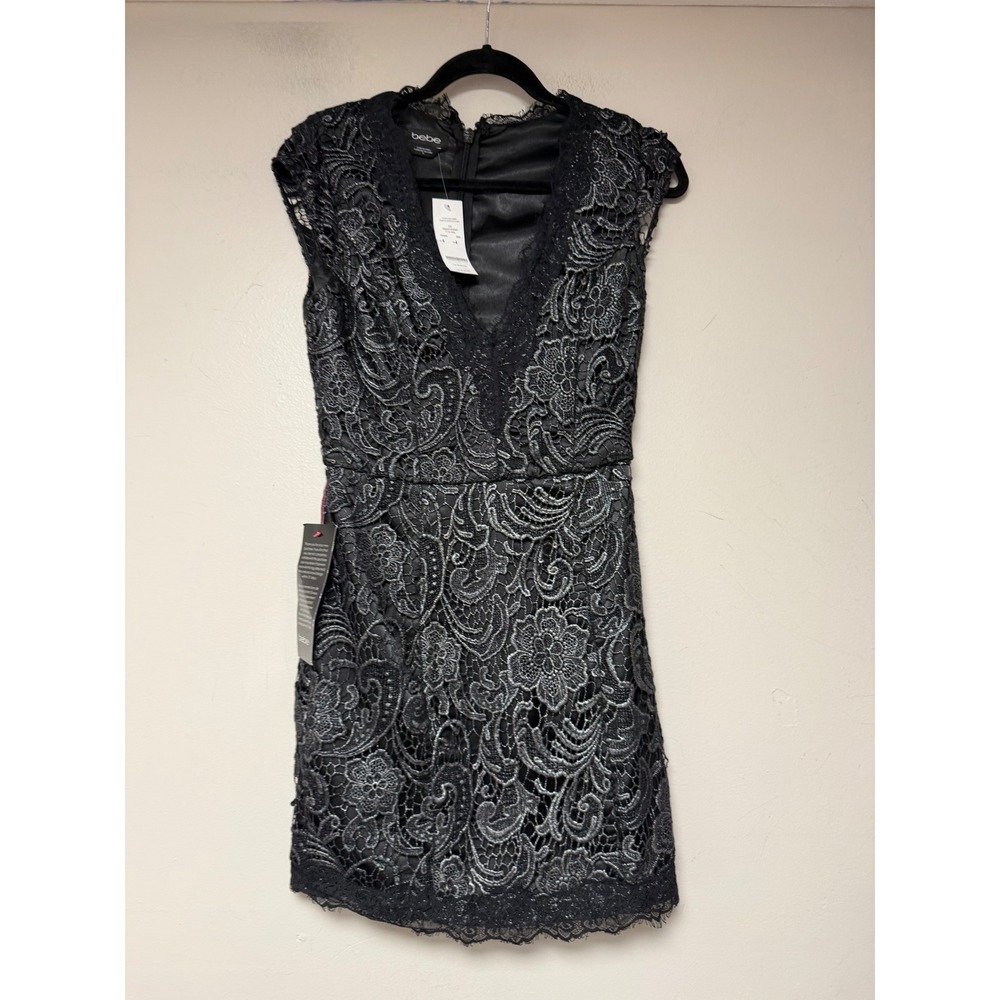Bebe Oliver Lace Dress Womens Size 4 Black‎ Silver NEW Metallic Floral V-Neck